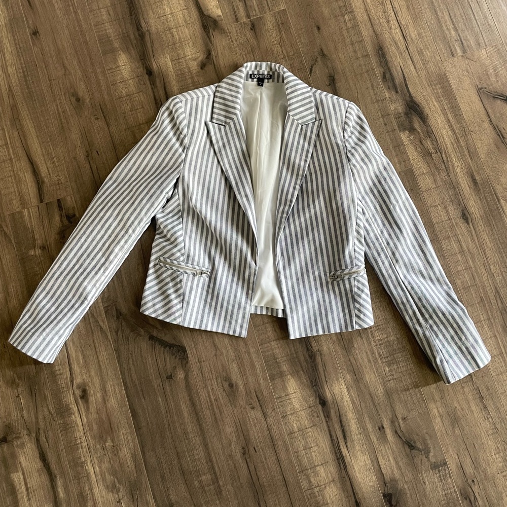 Express Striped Blazer Womens 2 Gray White Nautical Coastal Preppy Jacket